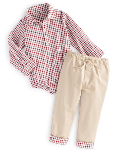 First Impressions Baby Boys Cotton Collared Bodysuit And Pants, 2 Piece Set, Created For Macy's In Sand Tan