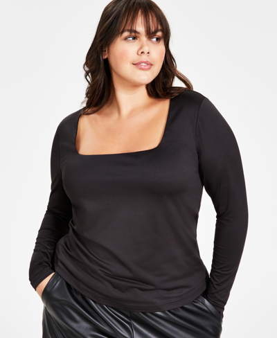 Bar Iii Plus Size Shine Long-sleeve Square-neck Top, Created For Macy's In Deep Black