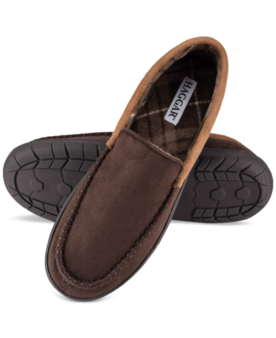 Haggar Men's Indoor/outdoor Microsuede Venetian Slipper With Plaid Fleece Lining In Brown