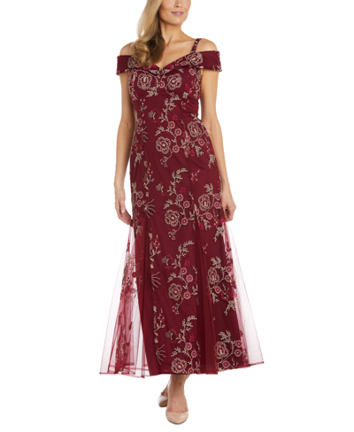 R & M Richards R & M Women's Embroidered Cold-shoulder Gown In Merlot,gold