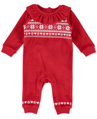 Chickpea Baby Girls Fair Isle-print Ruffled Fleece Coverall In Red