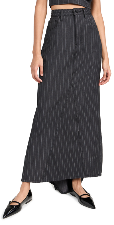 Afrm Adriana Hr Maxi Skirt In Charcoal Wht Pinstripe