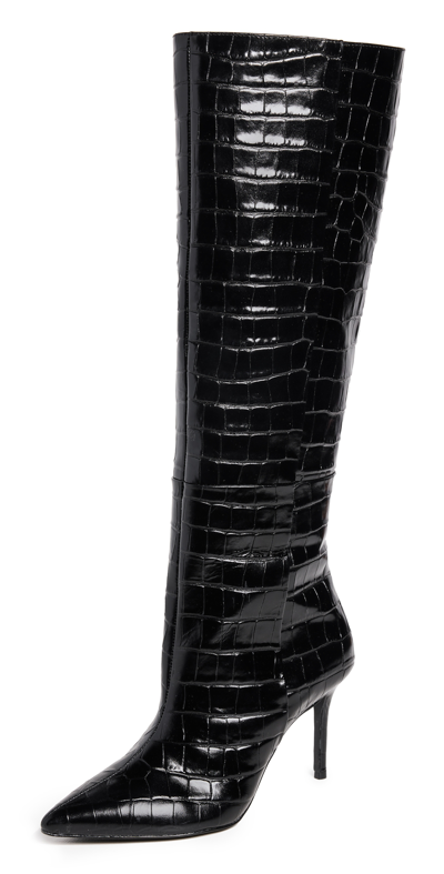 Black Suede Studio Tory Knee High Pointy Toe Mid Heel Boots In Black Shiny Croc