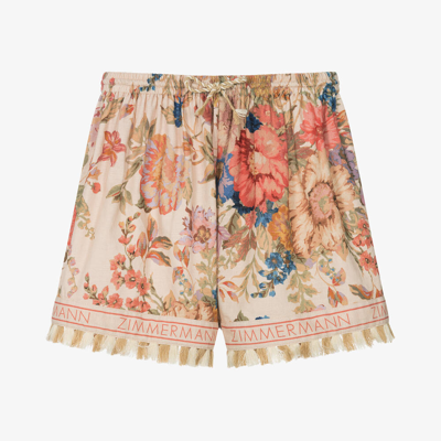 Zimmermann Teen Girls Pink Cotton Floral Shorts In Ivory