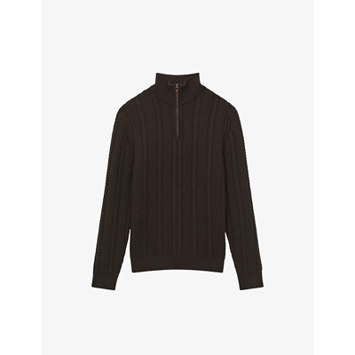 Reiss Bantham - Chocolate Cable Knit Half-zip Funnel Neck Jumper, L