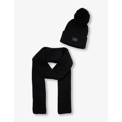 Ugg Womens Black Pom Pom Brand-patch Knitted Hat And Scarf Set