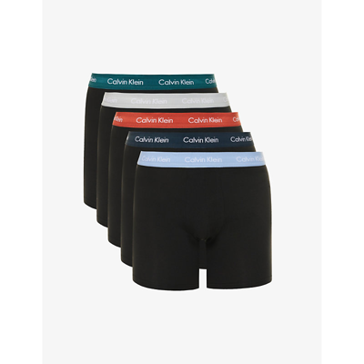 Calvin Klein Mens Multi Branded-wasitband Mid-rise Pack Of Five Stretch-cotton Trunks