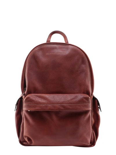 Brunello Cucinelli Leather Backpack With Engraved Logo In Brown