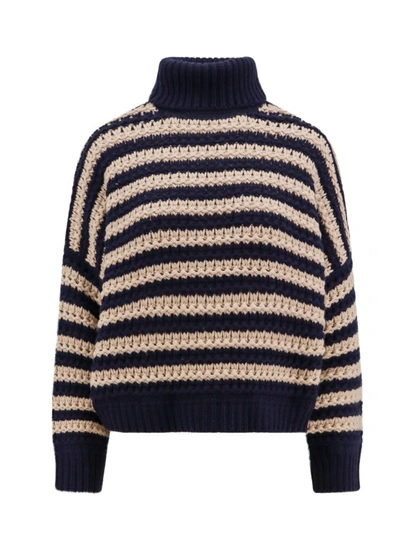 Brunello Cucinelli Striped Wool, Cashmere And Silk-blend Turtleneck Sweater In Blue
