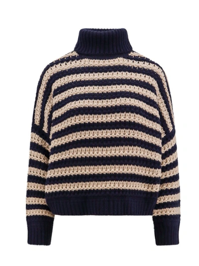 Brunello Cucinelli Striped Wool, Cashmere And Silk-blend Turtleneck Jumper In Blue