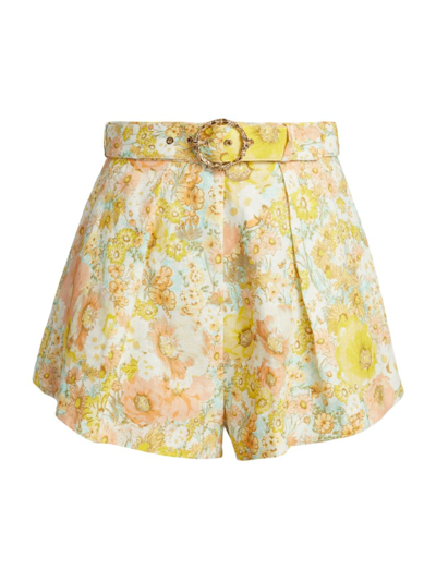 Zimmermann Women's Floral Linen Belted Tuck Shorts In Lemon Meadow