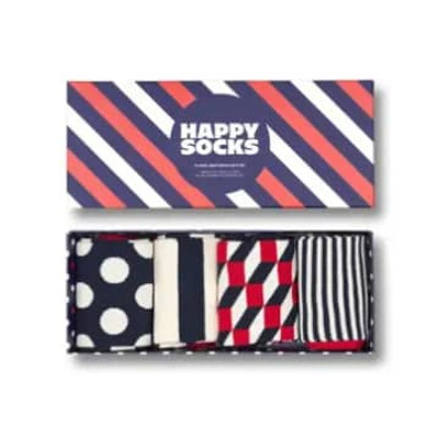 Happy Socks Classic Dot & Stripe 4-pack Cotton Blend Crew Socks Gift Set In Red