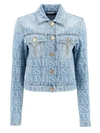 Versace Short Light Blue Jacket With All-over Logo And Branded Buttons In Cotton Denim Woman In Blue