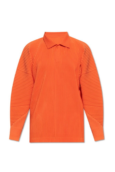 Issey Miyake Homme Plisse  Mens Powerful Orange Pleated Relaxed-fit Knitted Polo Shirt