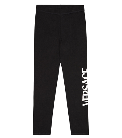 Versace Kids' Logo-print Cotton-blend Leggings In Black