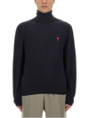 Ami Alexandre Mattiussi Wool Sweater With Turtleneck And Ribbed Finish In Blue