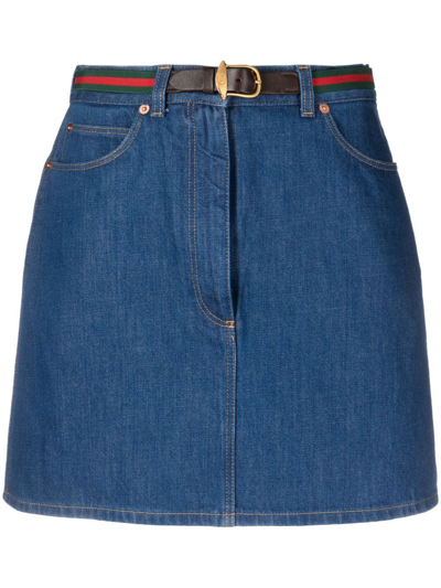 Gucci Belted Denim Miniskirt In Blue