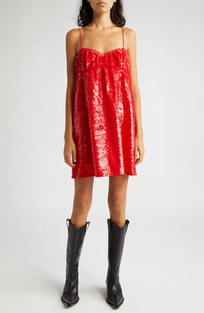 Ganni Ruched Sequined Tulle Mini Dress In Red