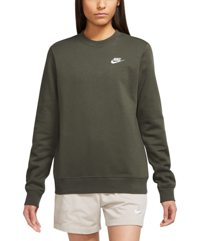 Nike Women's Sportswear Club Fleece Crewneck Sweatshirt In Cargo Khaki/white