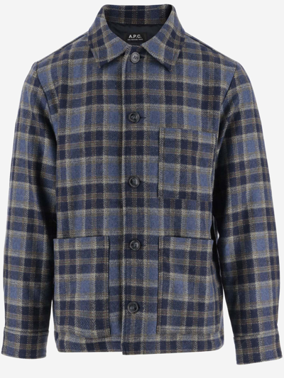 Apc Wool Blend Jacket With Check Pattern In Blue