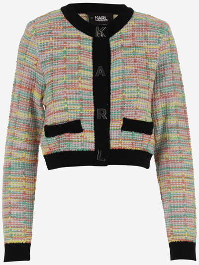 Karl Lagerfeld Bouclé Knit Cardigan With Karl Buttons In Red