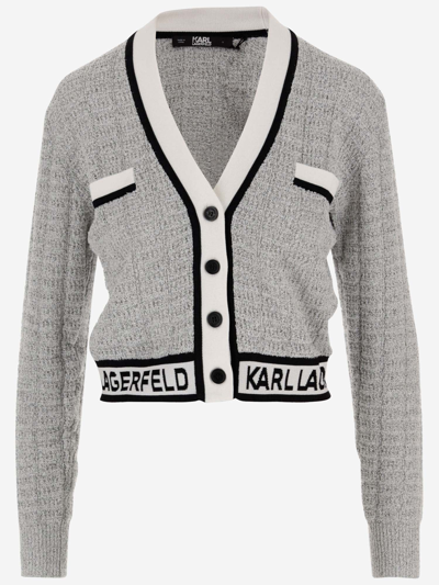 Karl Lagerfeld Cropped Cardigan In Bouclé Fabric With Logo In Red