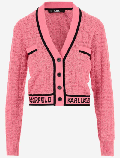 Karl Lagerfeld Cropped Cardigan In Bouclé Fabric With Logo In Magenta