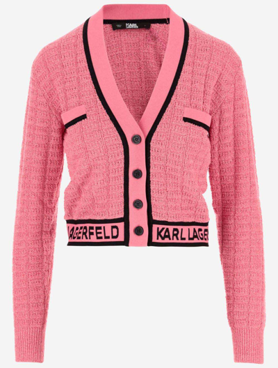 Karl Lagerfeld Cropped Cardigan In Bouclé Fabric With Logo In Red