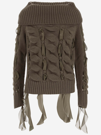 Blumarine Wool Sweater With Ruffles In Dark Olive