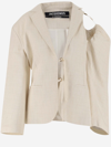Jacquemus Linen Blazer Jacket With Off-shoulder Puff Sleeve In Ivory