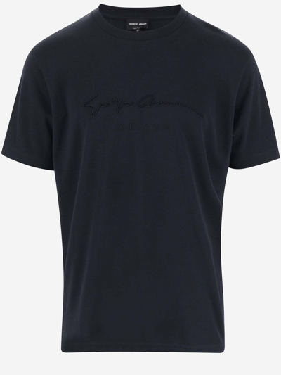 Giorgio Armani Official Store Pure Cotton Interlock T-shirt With Embroidered Logo In Blue