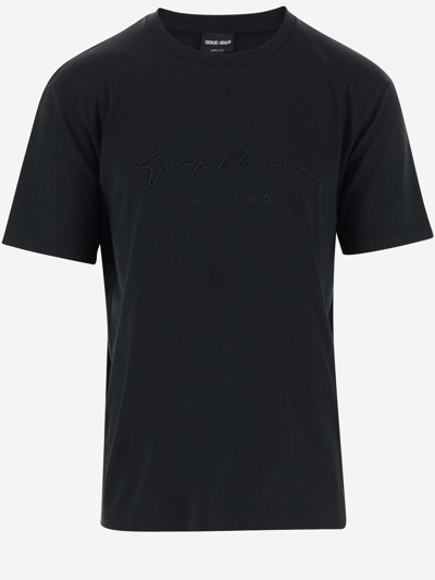 Giorgio Armani Logo Embroidery Cotton T-shirt In Nero