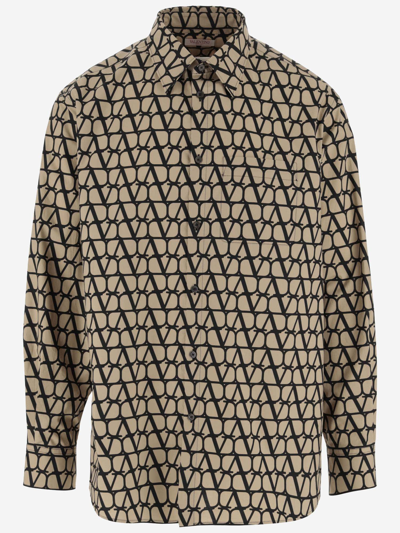 Valentino Long Sleeve Cotton Shirt With Toile Iconographe Print In Brown