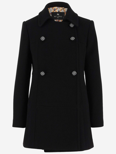 Etro Peacoat With Floral Buttons In Nero