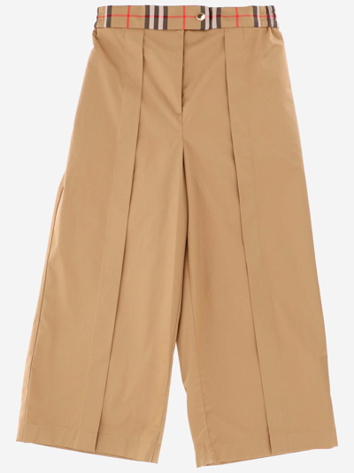 Burberry Kids' Cotton Trousers With Check Details In Beige