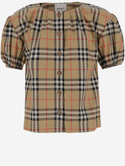 Burberry Kids' Beige Shirt For Girl With Iconic Vintage Check In Red