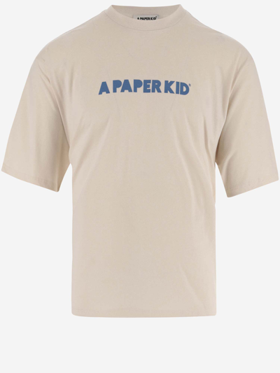 A Paper Kid Cotton T-shirt With Logo And Graphic Print In Crema/cream