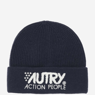 Autry Wool Blend Beanie With Logo In Navy