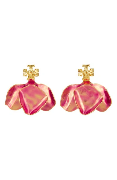 Tory Burch Roxanne Logo & Colour Petal Drop Earrings In 18k Gold Plated In Pink/gold