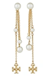 Tory Burch Kira Imitation Pearl Linear Drop Earrings In Tory Gold / Multi