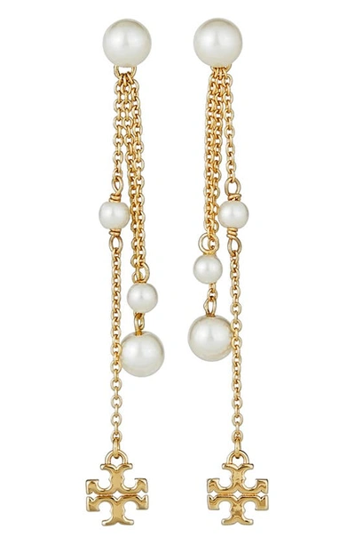 Tory Burch Kira Imitation Pearl Linear Drop Earrings In Tory Gold / Multi