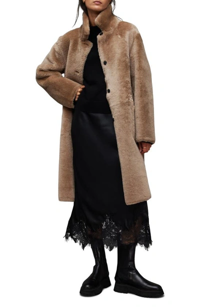 Allsaints Serra Reversible Shearling Coat In Taupe Brown