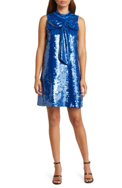 Ciebon Anita Bow Paillette Sequin Sleeveless Mini Shift Dress In Blue