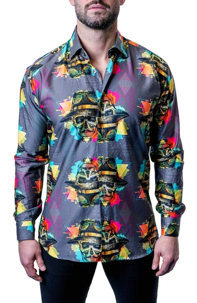 Maceoo Fibonacci Mob Skull Multi Contemporary Fit Button-up Shirt In Grey Multi