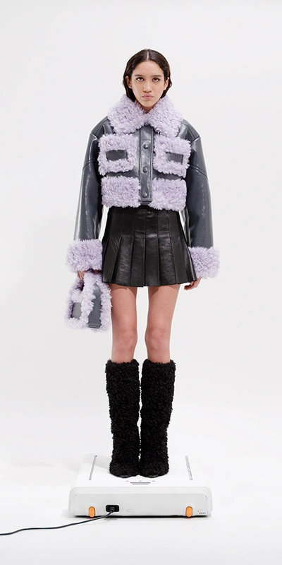 Stand Studio Fleur Cropped Faux Shearling Jacket In Charcoal Grey Lilac