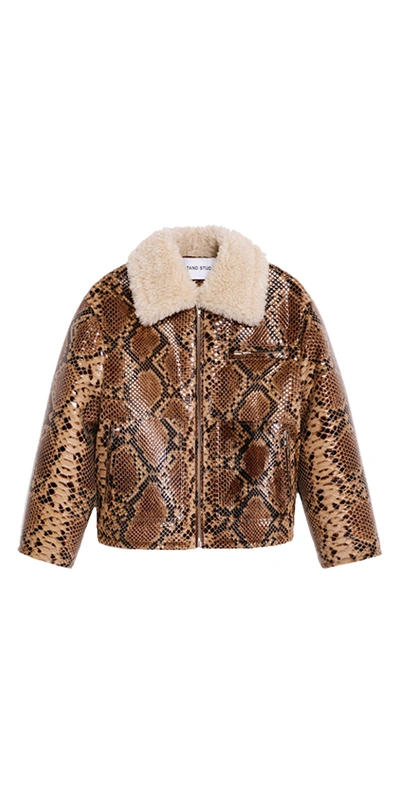 Stand Studio Kaz Snake Print Faux Shearling Jacket In Brown,multi