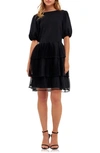 English Factory Puff Sleeve Mixed Media Minidress In Black