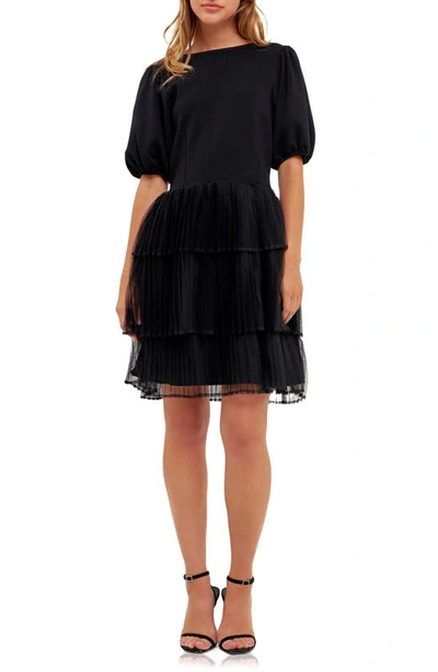 English Factory Puff Sleeve Mixed Media Minidress In Black