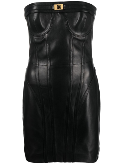 Balmain Black Strapless Leather Mini Dress