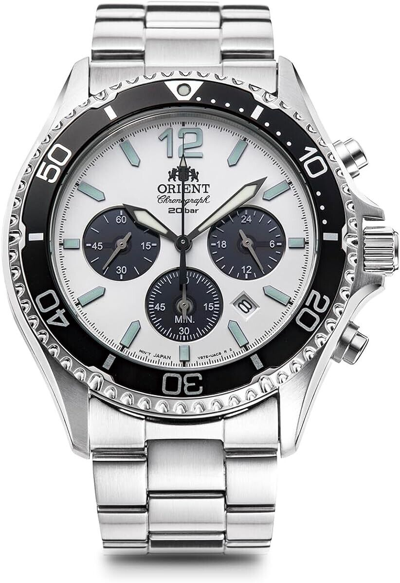 Pre-owned Orient Mako Rn-tx0203s Panda White Dial Solar Analog Chronograph Men's Watch